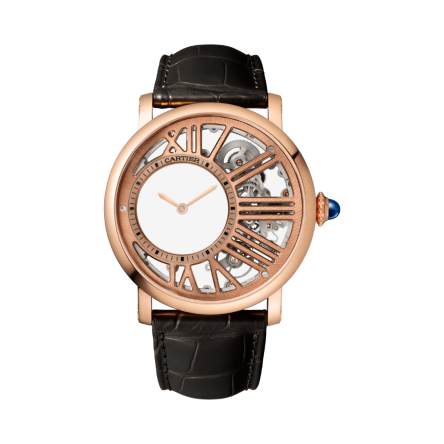 Rotonde de Cartier Ref. WHRO0060 with dark grey alligator strap, rose gold case, and sapphire crown.