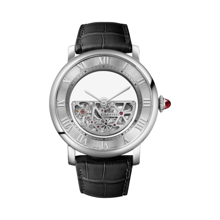 Rotonde de Cartier Ref. WHRO0078 watch with a platinum case, automatic movement, and sleek leather strap.

