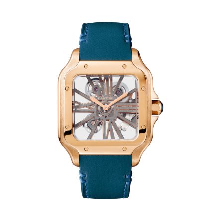 Santos de Cartier Ref. WHSA0010, large model, featuring a rose gold case with a blue leather strap.