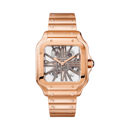 Santos de Cartier Ref. WHSA0016 rose gold watch with hand-wound movement and brown leather strap.