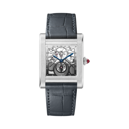 Tank Normale Ref. WHTA0020 watch with black alligator leather strap, platinum case, and skeletonized dial.
