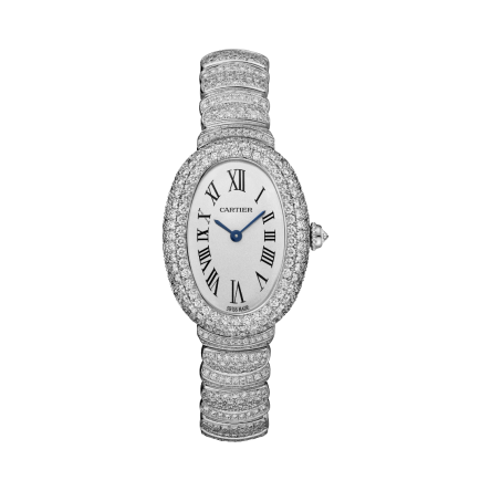 Cartier Baignoire Ref. WJBA0021 showing the case back and rhodium-finish white gold bracelet.