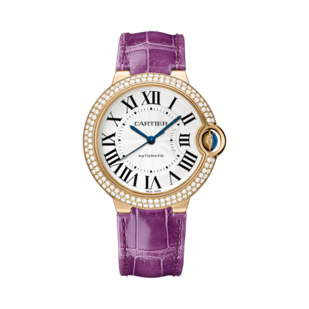 Ballon Bleu de Cartier Ref. WJBB0050, 36 mm, featuring a rose gold case with diamond-set bezel, on a rose gold leather strap.