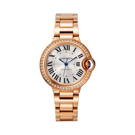 Ballon Bleu de Cartier Ref. WJBB0082 watch with rose gold case and diamond-set bezel, on a rose gold bracelet.