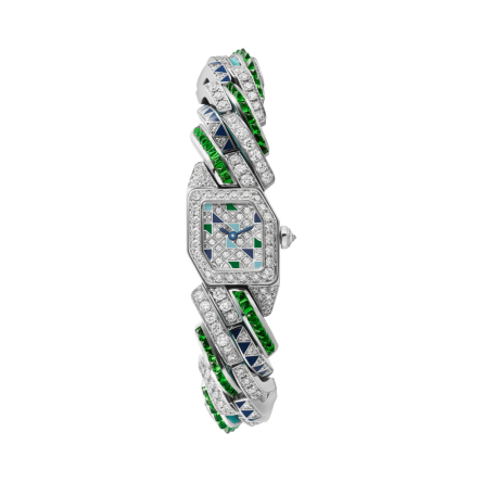 Maillon de Cartier Ref. WJBJ0008, small model, with white gold case, diamond-set bracelet, and green and blue lacquer.