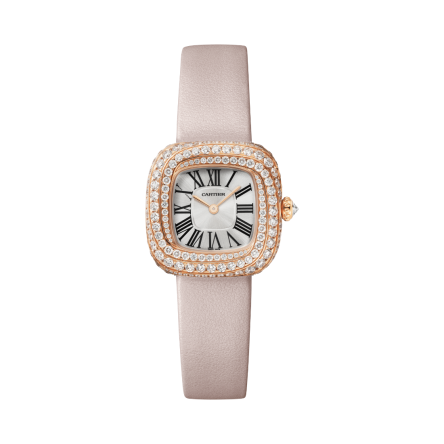 Cartier Coussin de Cartier Ref. WJCS0004, featuring the beige calfskin strap and 18K rose gold ardillon buckle.