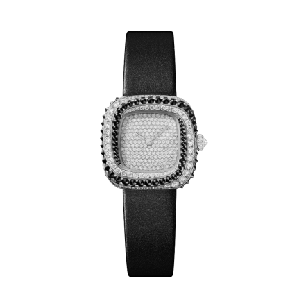 Cartier Coussin de Cartier Ref. WJCS0006 showcasing the black calfskin strap and the rhodiumized 18K white gold ardillon buckle.