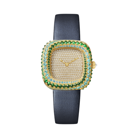 Cartier Coussin de Cartier Ref. WJCS0009, with blue calfskin strap and 18K yellow gold ardillon buckle set with diamonds.