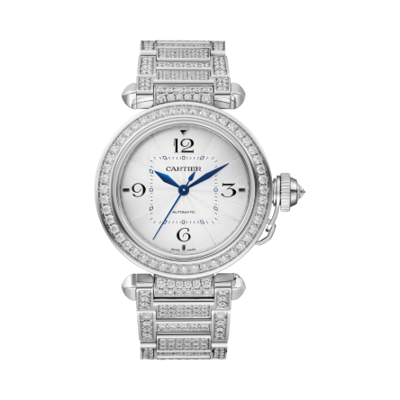 Pasha de Cartier Ref. WJPA0014, 35 mm model with a rhodiumized 18K white gold bracelet.