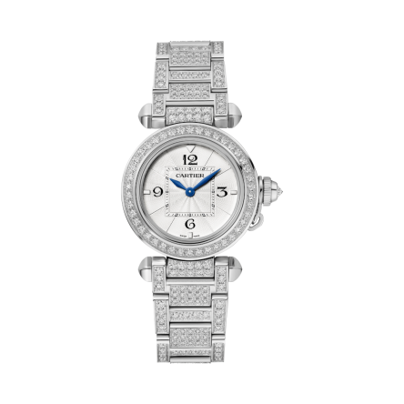 Pasha de Cartier Ref. WJPA0019 30 mm with a rhodiumized 18K white gold bracelet set with 425 brilliant-cut diamonds.