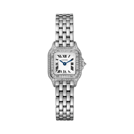 Panthère de Cartier Ref. WJPN0046 watch with diamond-set white gold bracelet, diamond crown, and blued-steel hands.