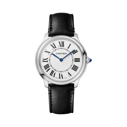 Ronde Must de Cartier Ref. WSRN0031, 36 mm watch with a steel strap and a beaded crown set with a synthetic cabochon-shaped spinel.