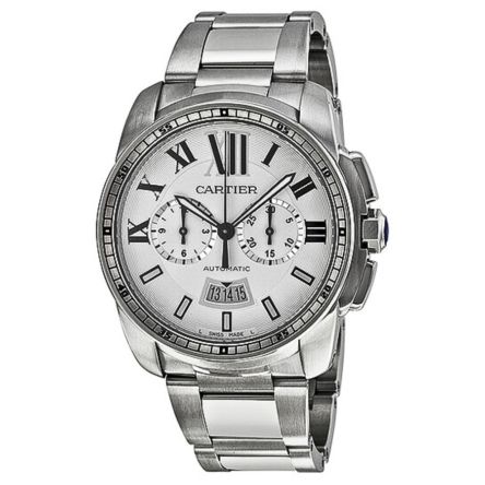 Calibre de Cartier W7100045 men’s watch with stainless steel case, opaline silver dial, automatic movement, and stainless steel bracelet