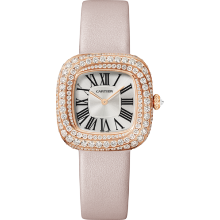 Cartier Coussin de Cartier Ref. WJCS0005 highlighting the beige calfskin strap and the 18K rose gold ardillon buckle.