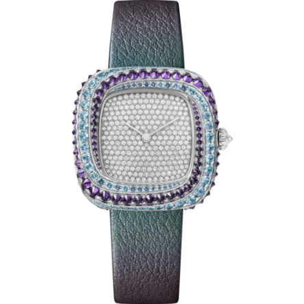 Cartier Coussin de Cartier Ref. WJCS0013, with purple calfskin strap and rhodium-finish white gold ardillon buckle set with diamonds.