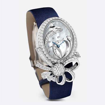 Breguet Montre Haute Joaillerie Désir de la Reine GJ27BB/89/24D DD8 watch in 18K white gold with diamond-set case, mother-of-pearl dial, satin strap, and automatic movement.