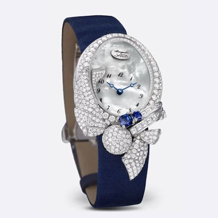 Breguet Les Volants de la Reine GJ28BB/89/24D DS8, 18K white gold watch with diamonds, sapphires, mother-of-pearl dial, and satin strap.