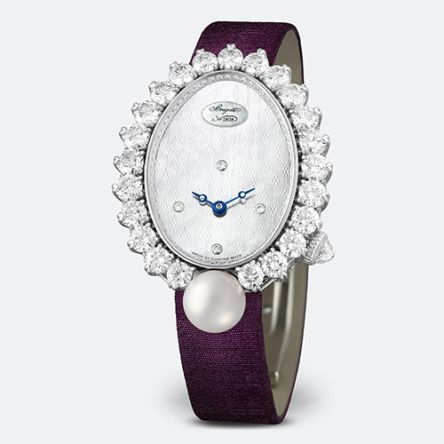 Breguet Perles Impériales Ref. GJ29BB8924/5D58 in white gold featuring mother-of-pearl dial, diamond-set bezel with Akoya pearl, and blued steel Breguet hands
