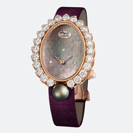 Breguet Montre Haute Joaillerie Les Perles Impériales Ref. GJ29BB/89/245 D58 in 18K white gold with diamond-set case, briolette-cut crown diamond, Akoya pearl, and satin strap.