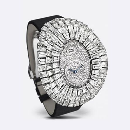Breguet Reine de Naples Crazy Flower 1907BA/12 white gold ladies watch with 116 baguette diamond petals and pavé diamond dial.