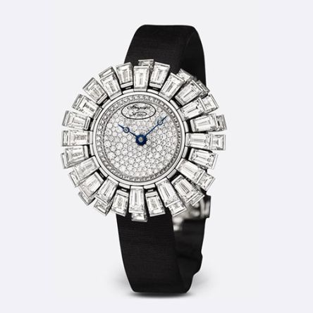 Breguet Petite Fleur GJE26BB20.8589DB1 watch in 18K white gold with diamond-paved case, dial, and clasp, satin strap, and automatic movement.