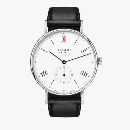 Nomos Ludwig Neomatik 39 Ref. 250.S2 – Stainless steel watch with enamel-white dial, black Roman numerals, red XII at 12 o’clock, slim black hands, small seconds subdial at 6 o’clock, paired with black Horween Shell Cordovan strap.