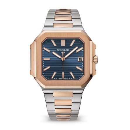 Patek Philippe Cubitus Ref. 5821/1AR-001, featuring a sunburst blue dial with two-tone bracelet in rose gold and steel.