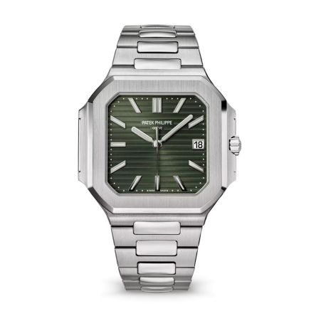 Patek Philippe Cubitus Ref. 5821/1A-001, featuring a green sunburst dial with applied white gold hour markers & steel bracelet