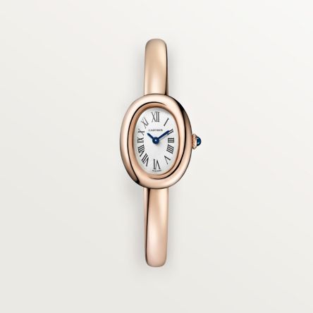 Cartier Baignoire Ref. WGBA0019 mini model with an 18K rose gold rigid bracelet and beaded crown set with a sapphire cabochon.