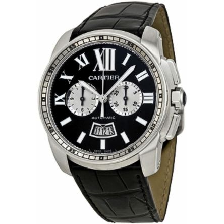 Cartier Calibre de Cartier W7100060 men’s watch featuring a stainless steel case, black dial with Roman numerals, chronograph sub-dials, and black alligator leather strap.