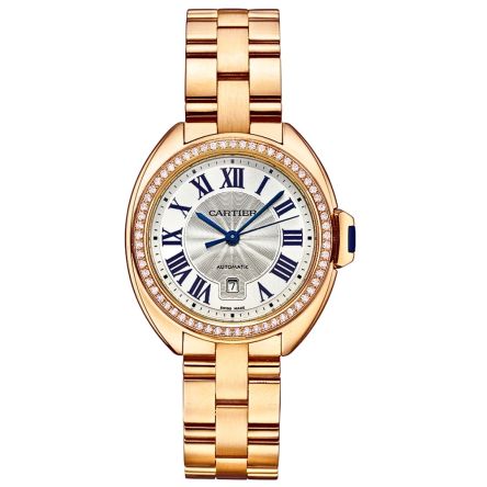 Cartier Clé de Cartier WJCL0003 automatic watch, 40mm 18K rose gold round case, silver guilloché dial with Roman numerals, blued steel sword hands, sapphire crystal, integrated 18K rose gold bracelet.