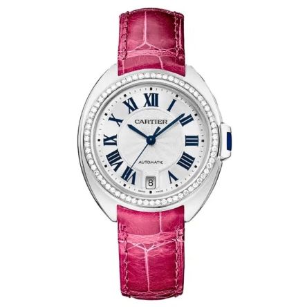 Cartier Clé de Cartier WJCL0014 automatic watch, 40mm 18K white gold round case, silver guilloché dial with Roman numerals, blued steel hands, sapphire crystal, signature key-shaped crown.