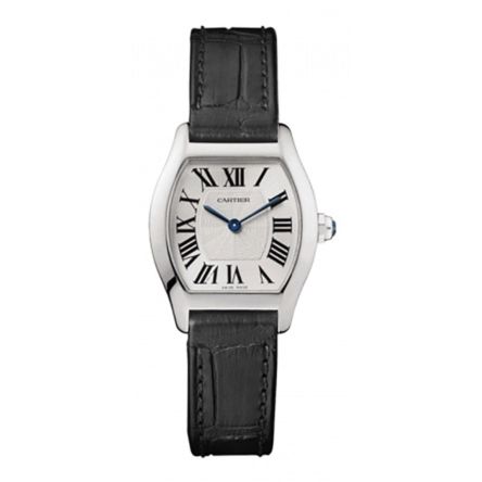 Cartier Tortue Ref. W1556361 white gold tonneau watch with silvered guilloché dial and black leather strap.