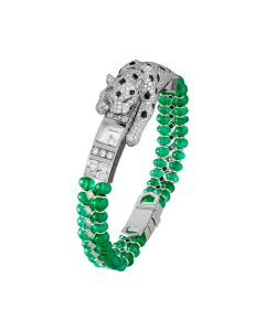 Panthère Jewelry | Mini model, hand-wound mechanical movement, white gold, emerald beads, emeralds, onyx, diamonds