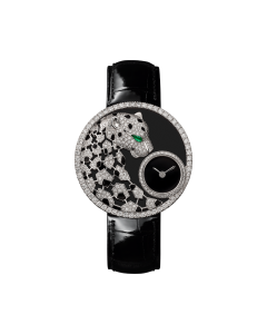 Panthère Jewelry | 36mm, quartz movement, white gold, diamonds, emerald, lacquer, leather