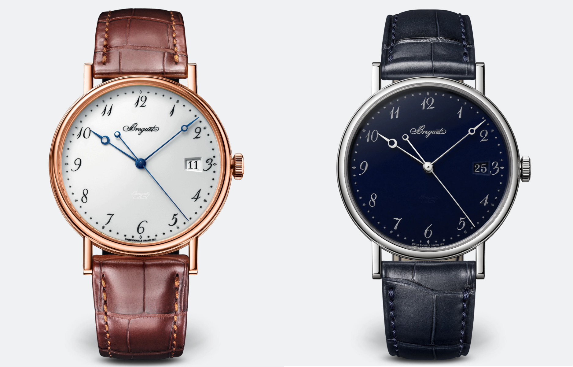 Breguet classique collection 5177BB and 5177BR with white and blue grand fue on the dial